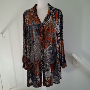 Travel Collection Velvet Burn Out Blouse Semi Sheer Button Front 2X Lagenlook